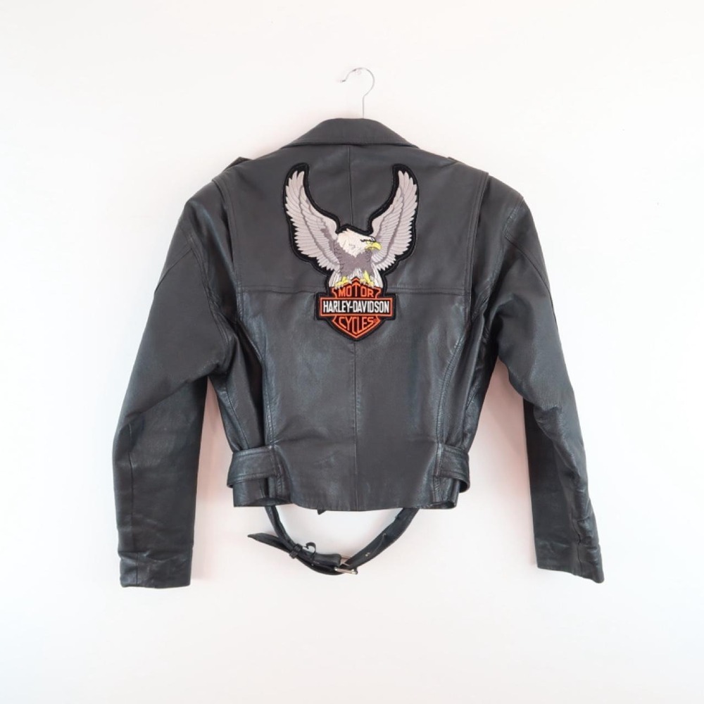 y2k harley davidson black leather jacket eagle graphic cropped moto 2000s - Picture 5 of 7